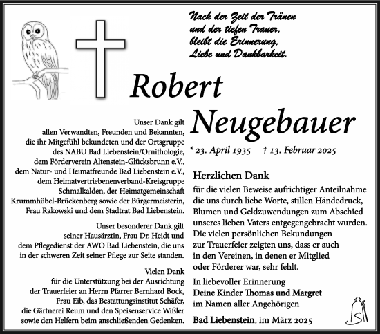 Traueranzeige von Robert Neugebauer von Südthüringer Presse