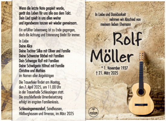 Traueranzeige von Rolf Möller von Südthüringer Presse