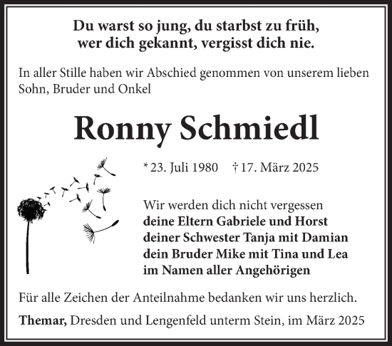 Traueranzeige von Ronny Schmiedl von Südthüringer Presse