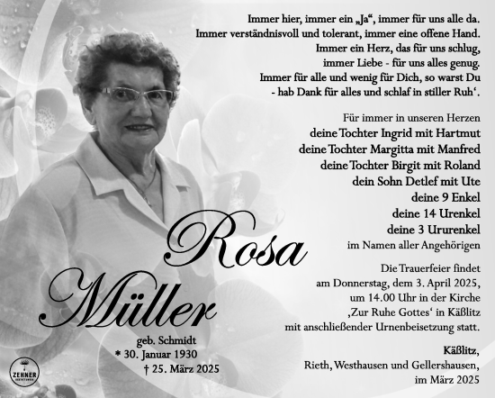 Traueranzeige von Rosa Müller von Südthüringer Presse
