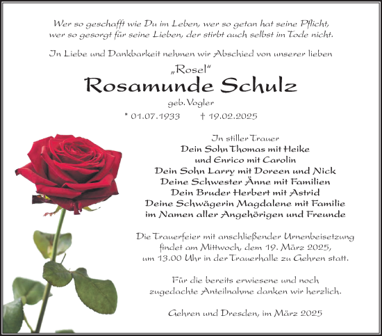 Traueranzeige von Rosamunde Schulz von Südthüringer Presse