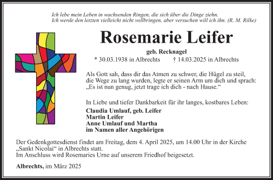 Traueranzeige von Rosemarie Leifer von Südthüringer Presse