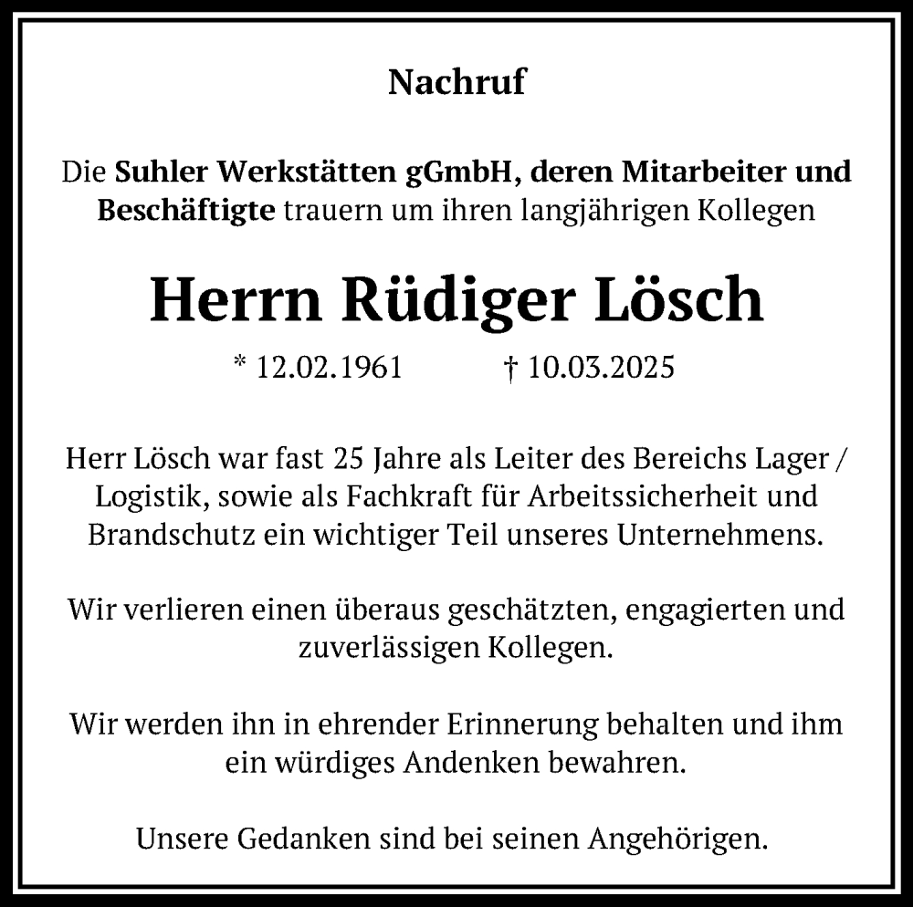  Traueranzeige für Rüdiger Lösch vom 25.03.2025 aus Südthüringer Presse