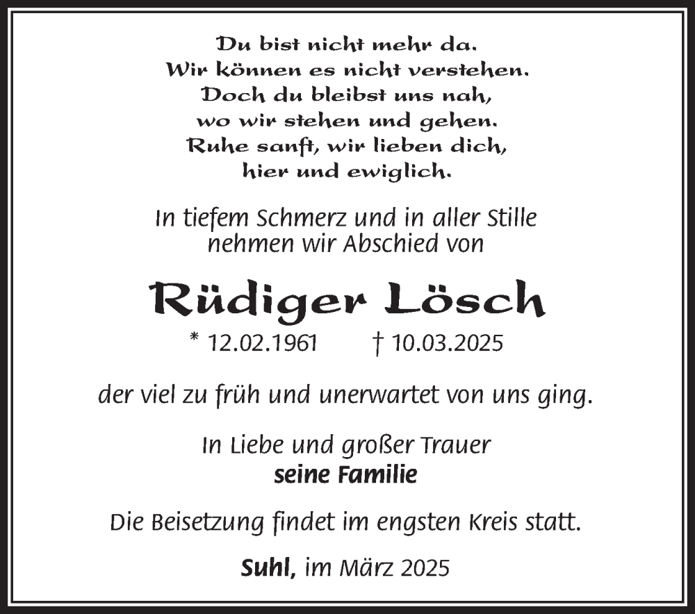  Traueranzeige für Rüdiger Lösch vom 22.03.2025 aus Südthüringer Presse