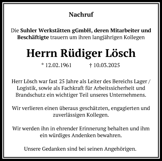 Traueranzeige von Rüdiger Lösch von Südthüringer Presse