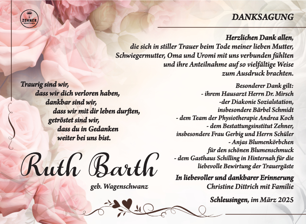  Traueranzeige für Ruth Barth vom 22.03.2025 aus Südthüringer Presse
