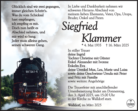 Traueranzeige von Siegfried Klammer von Südthüringer Presse