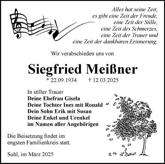 Traueranzeige von Siegfried Meißner von Südthüringer Presse