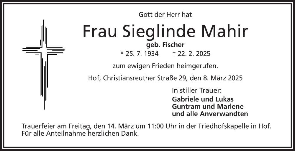  Traueranzeige für Sieglinde Mahir vom 08.03.2025 aus Frankenpost