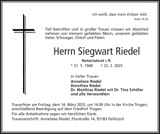 Traueranzeige von Siegwart Riedel von Frankenpost