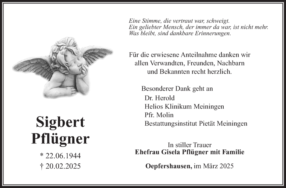  Traueranzeige für Sigbert Pflügner vom 22.03.2025 aus Südthüringer Presse