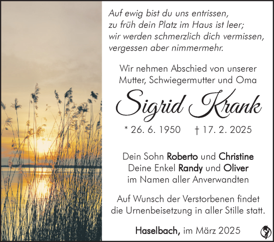 Traueranzeige von Sigrid Krank von Südthüringer Presse