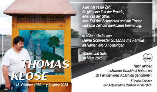 Traueranzeige von Thomas Klose von Südthüringer Presse