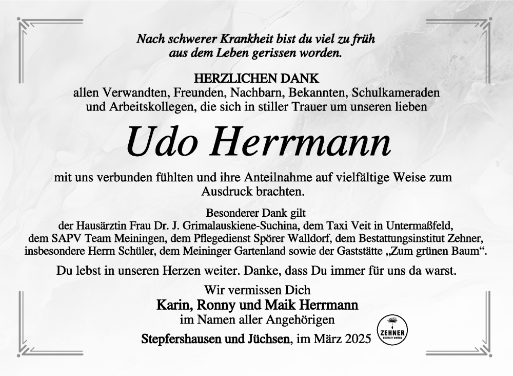  Traueranzeige für Udo Herrmann vom 07.03.2025 aus Südthüringer Presse