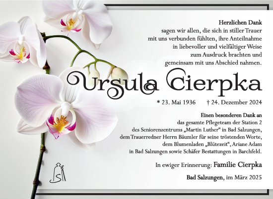 Traueranzeige von Ursula Cierpka von Südthüringer Presse