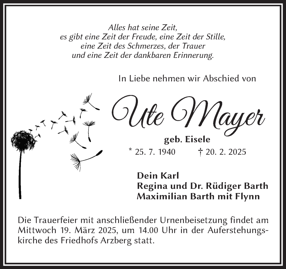  Traueranzeige für Ute Mayer vom 15.03.2025 aus Frankenpost