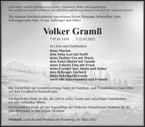 Traueranzeige von Volker Gramß von Südthüringer Presse