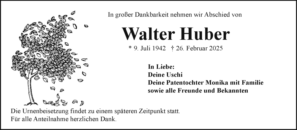  Traueranzeige für Walter Huber vom 08.03.2025 aus Frankenpost