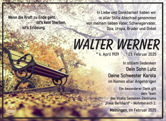 Traueranzeige von Walter Werner von Südthüringer Presse