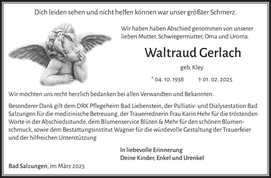 Traueranzeige von Waltraud Gerlach von Südthüringer Presse