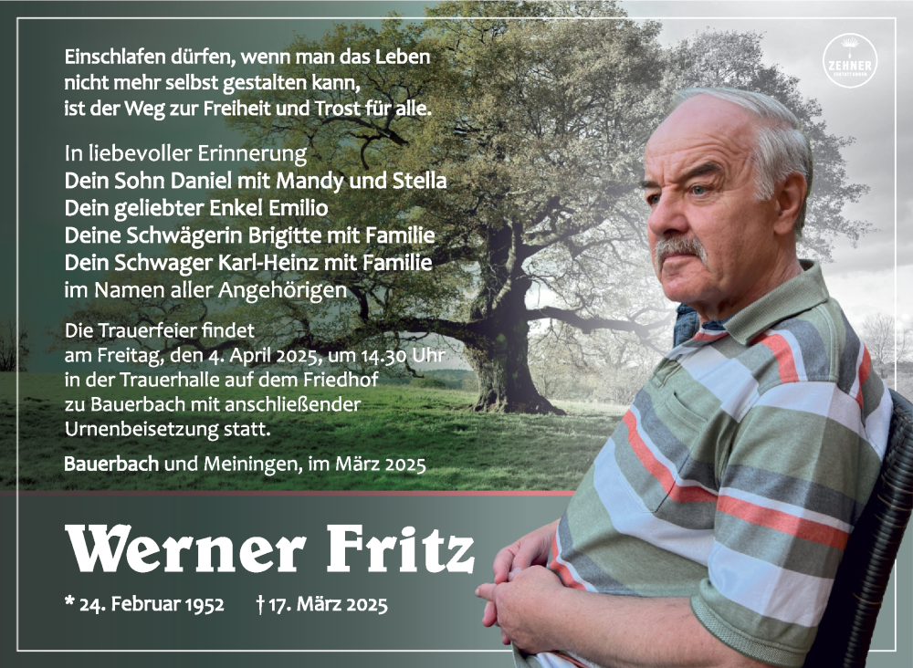  Traueranzeige für Werner Fritz vom 29.03.2025 aus Südthüringer Presse