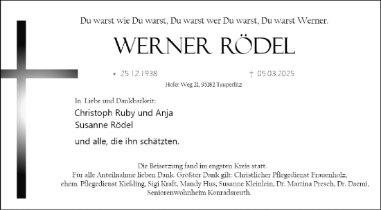 Traueranzeige von Werner Rödel von Frankenpost