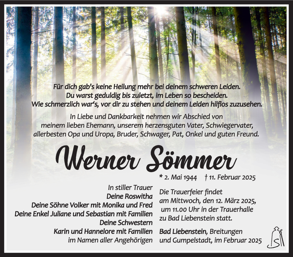  Traueranzeige für Werner Sömmer vom 07.03.2025 aus Südthüringer Presse