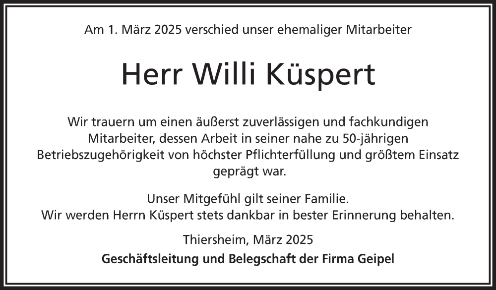  Traueranzeige für Willi Küspert vom 15.03.2025 aus Frankenpost
