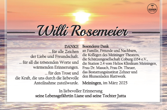 Traueranzeige von Willi Rosemeier von Südthüringer Presse
