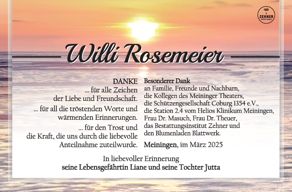  Traueranzeige für Willi Rosemeier vom 15.03.2025 aus Südthüringer Presse