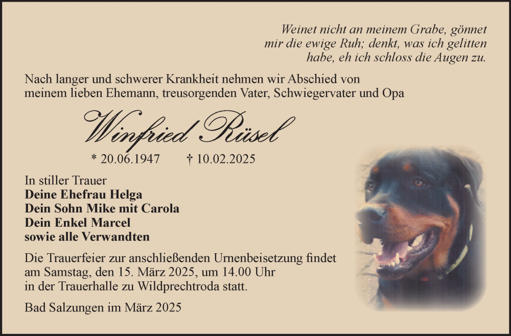  Traueranzeige für Winfried Rüsel vom 08.03.2025 aus Südthüringer Presse