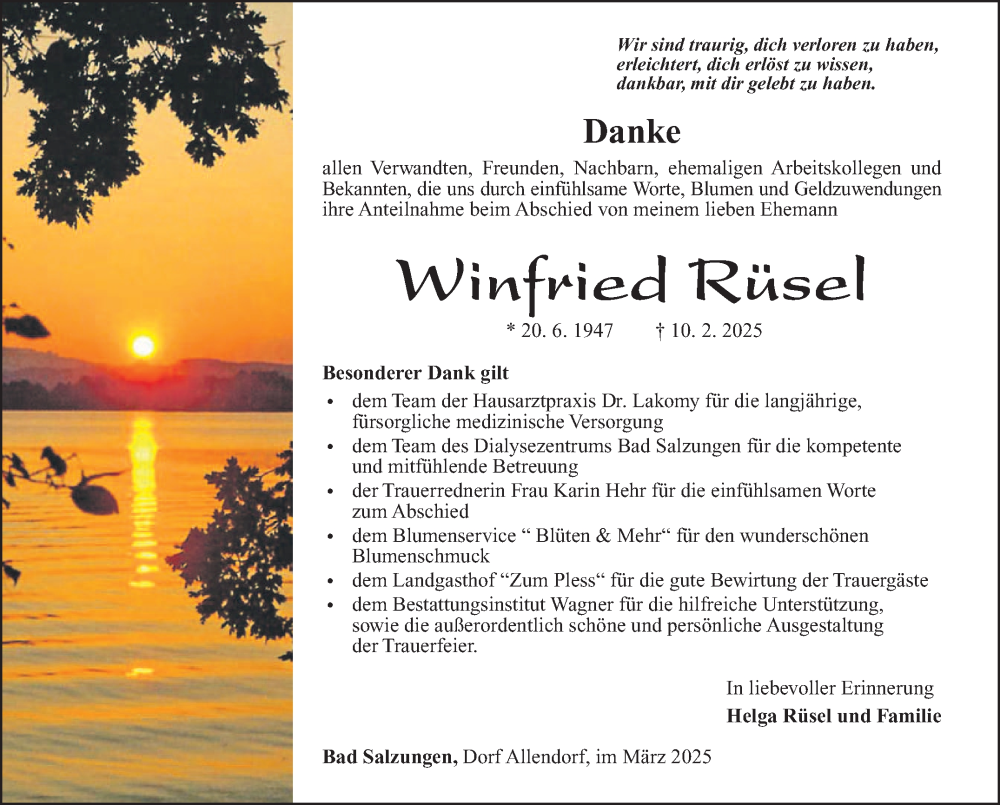  Traueranzeige für Winfried Rüsel vom 29.03.2025 aus Südthüringer Presse