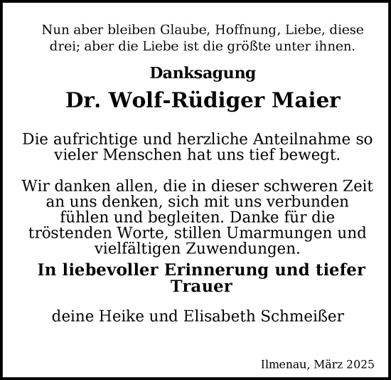 Traueranzeige von Wolf-Rüdiger Maier von Südthüringer Presse
