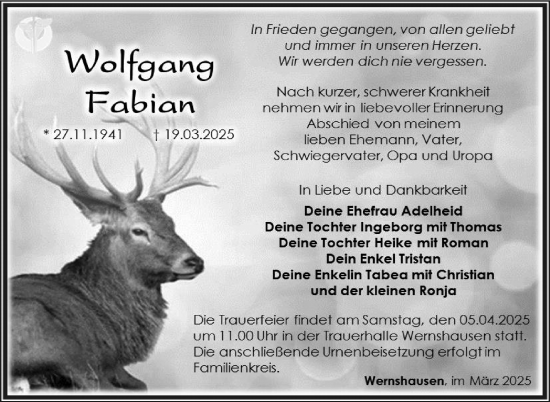 Traueranzeige von Wolfgang Fabian von Südthüringer Presse