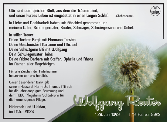 Traueranzeige von Wolfgang Reuter von Südthüringer Presse