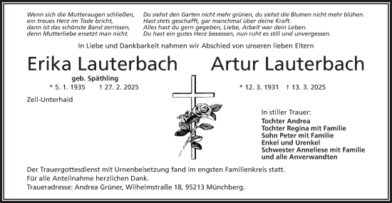 Traueranzeige von Erika Lauterbach von Frankenpost