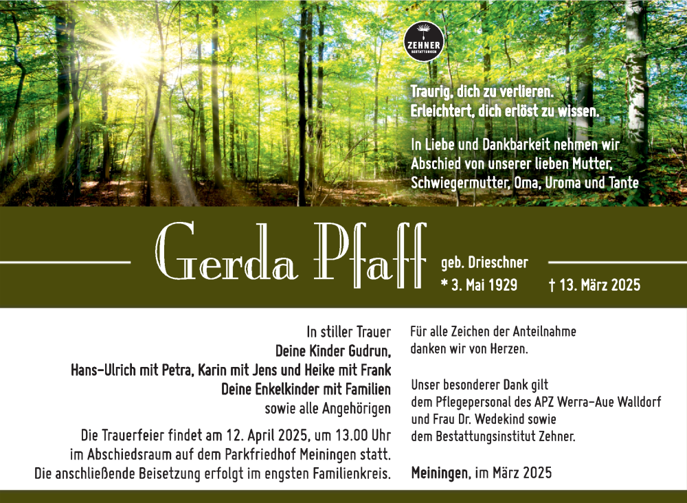  Traueranzeige für Gerda Pfaff vom 29.03.2025 aus Südthüringer Presse
