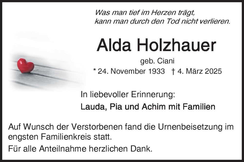  Traueranzeige für Alda Holzhauer vom 05.04.2025 aus Frankenpost