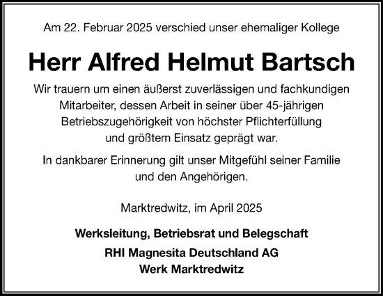 Traueranzeige von Alfred Helmut Bartsch von Frankenpost