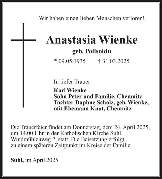 Traueranzeige von Anastasia Wienke von Südthüringer Presse