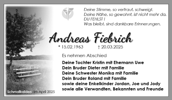 Traueranzeige von Andreas Fiebrich von Südthüringer Presse