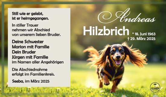 Traueranzeige von Andreas Hilzbrich von Südthüringer Presse