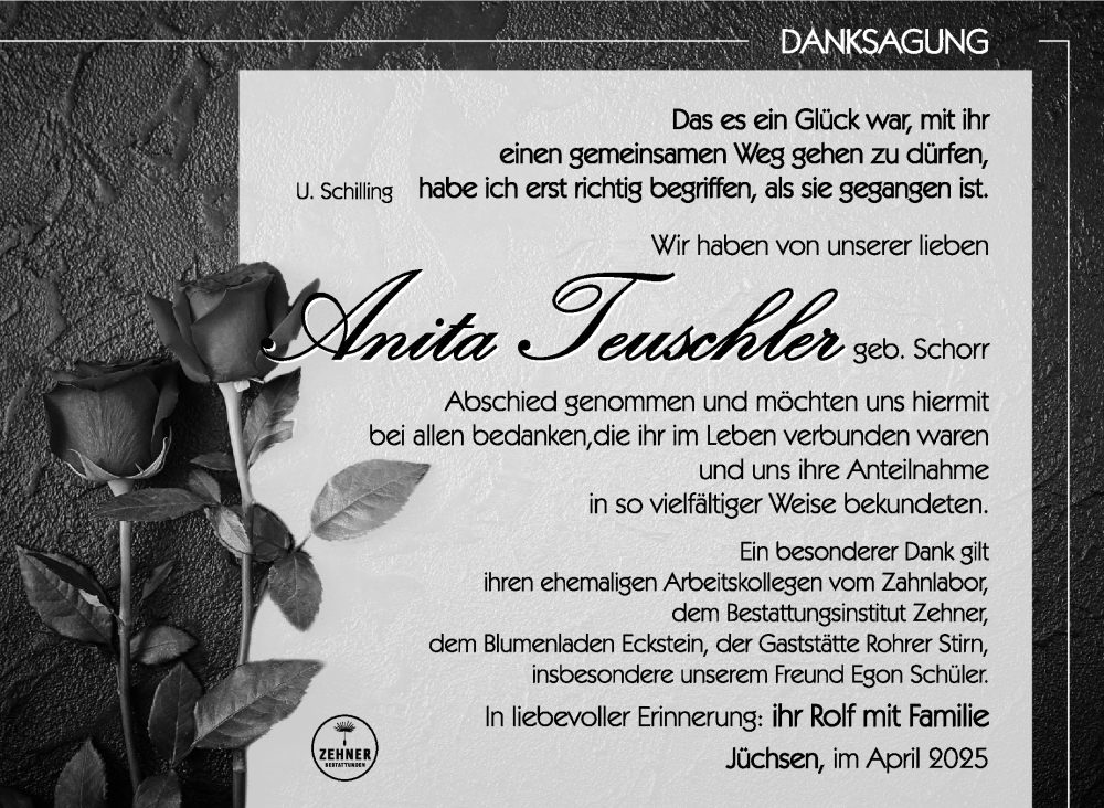  Traueranzeige für Anita Teuschler vom 17.04.2025 aus Südthüringer Presse