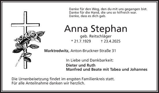 Traueranzeige von Anna Stephan von Frankenpost