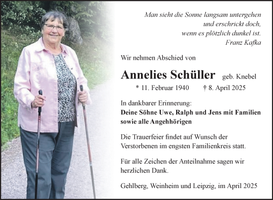 Traueranzeige von Annelies Schüller von Südthüringer Presse