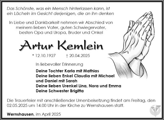 Traueranzeige von Artur Kemlein von Südthüringer Presse