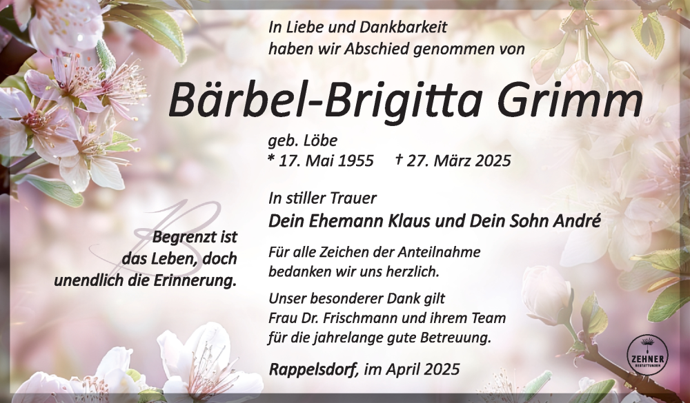  Traueranzeige für Bärbel-Brigitta Grimm vom 12.04.2025 aus Südthüringer Presse