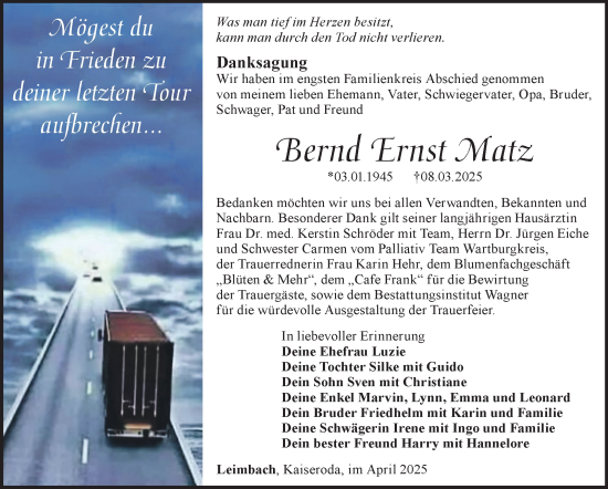 Traueranzeige von Bernd Ernst Matz von Südthüringer Presse
