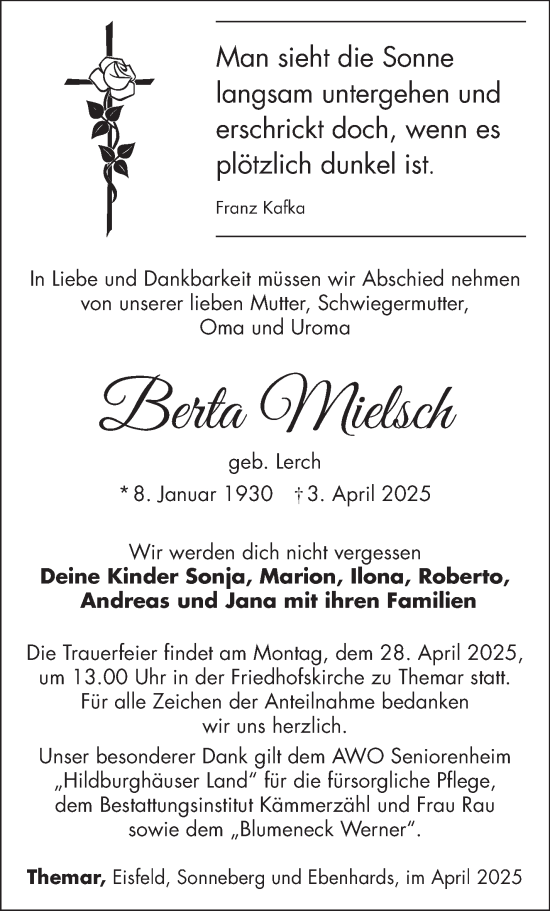 Traueranzeige von Berta Mielsch von Südthüringer Presse