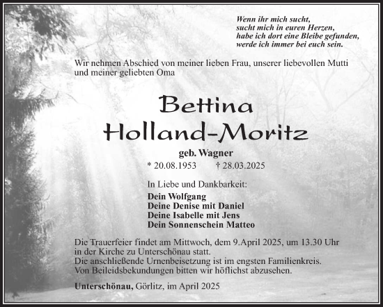 Traueranzeige von Bettina Holland-Moritz von Südthüringer Presse